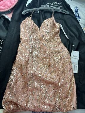 JVN by Jovani Rose Gold Sequin Spaghetti Strap Prom Dress
